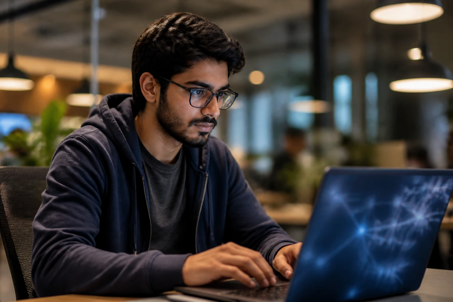 Close-up of software engineer during a technical interview at laptop