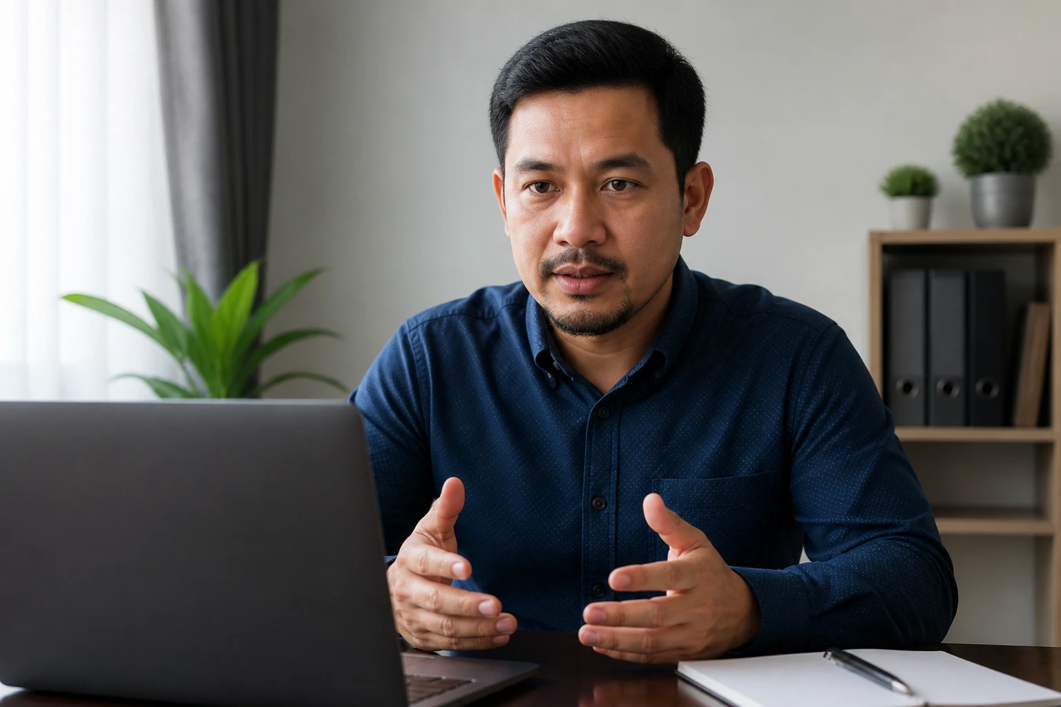 Close-up of a candidate on a video interview in a tidy home office