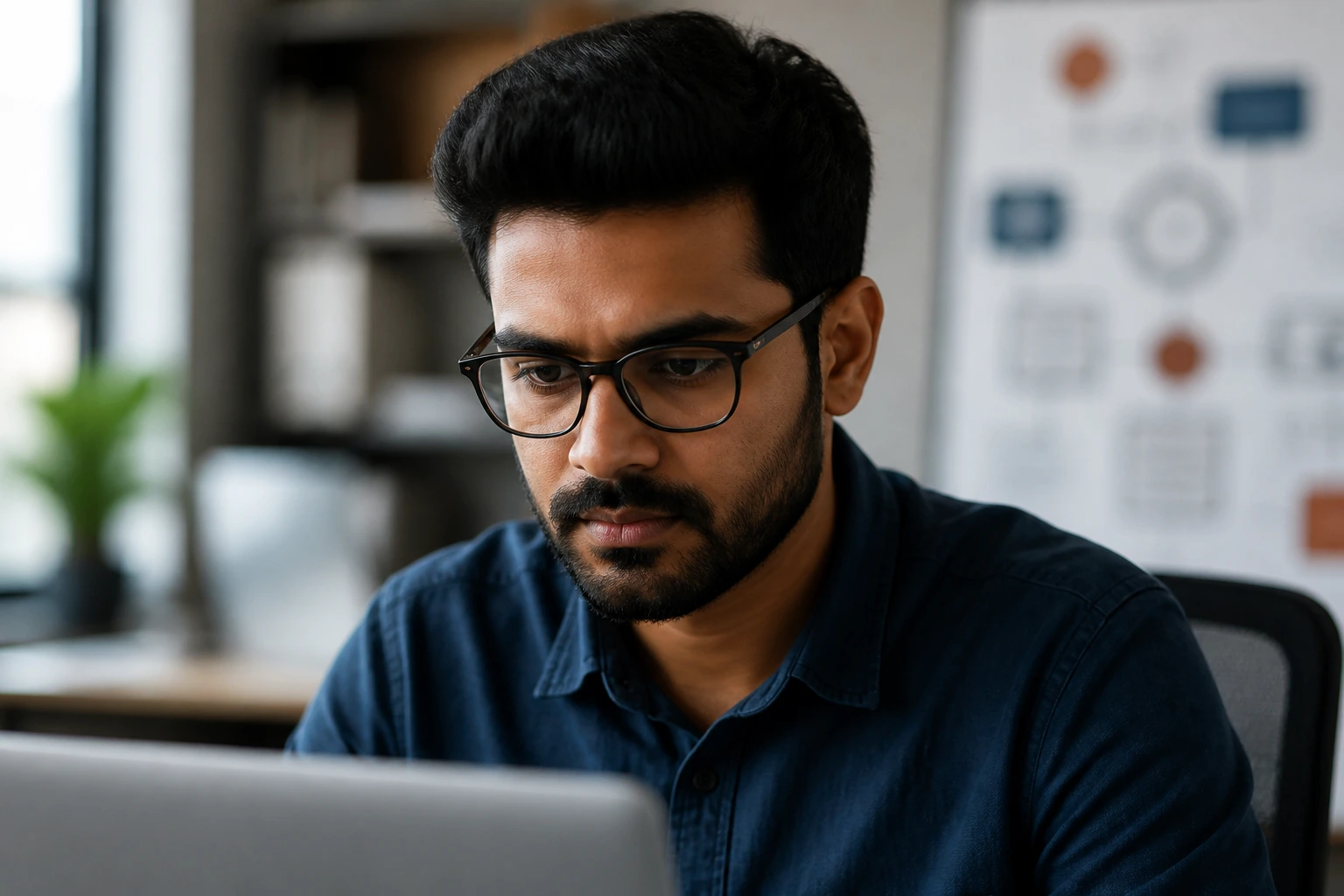 Focused candidate portrait in a calm office environment