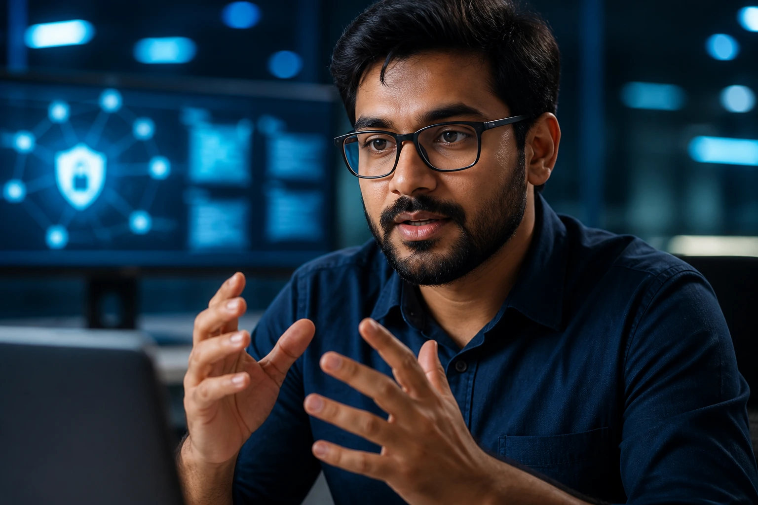 Portrait of a cybersecurity professional during a technical interview scenario