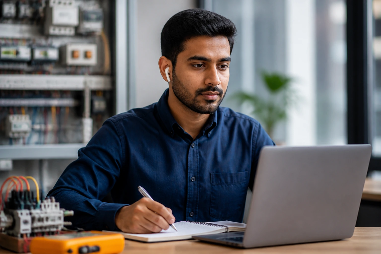 Portrait of a real electrical engineer preparing for a technical interview in a professional setting