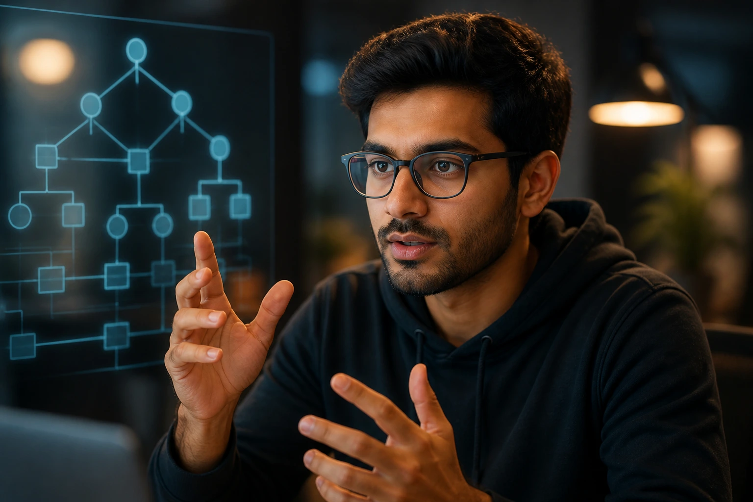 Focused software engineer during problem-solving discussion in an office setting.
