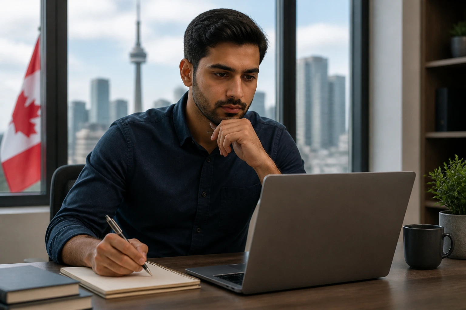 Medium close-up of a person preparing for technical interviews in a Canadian office