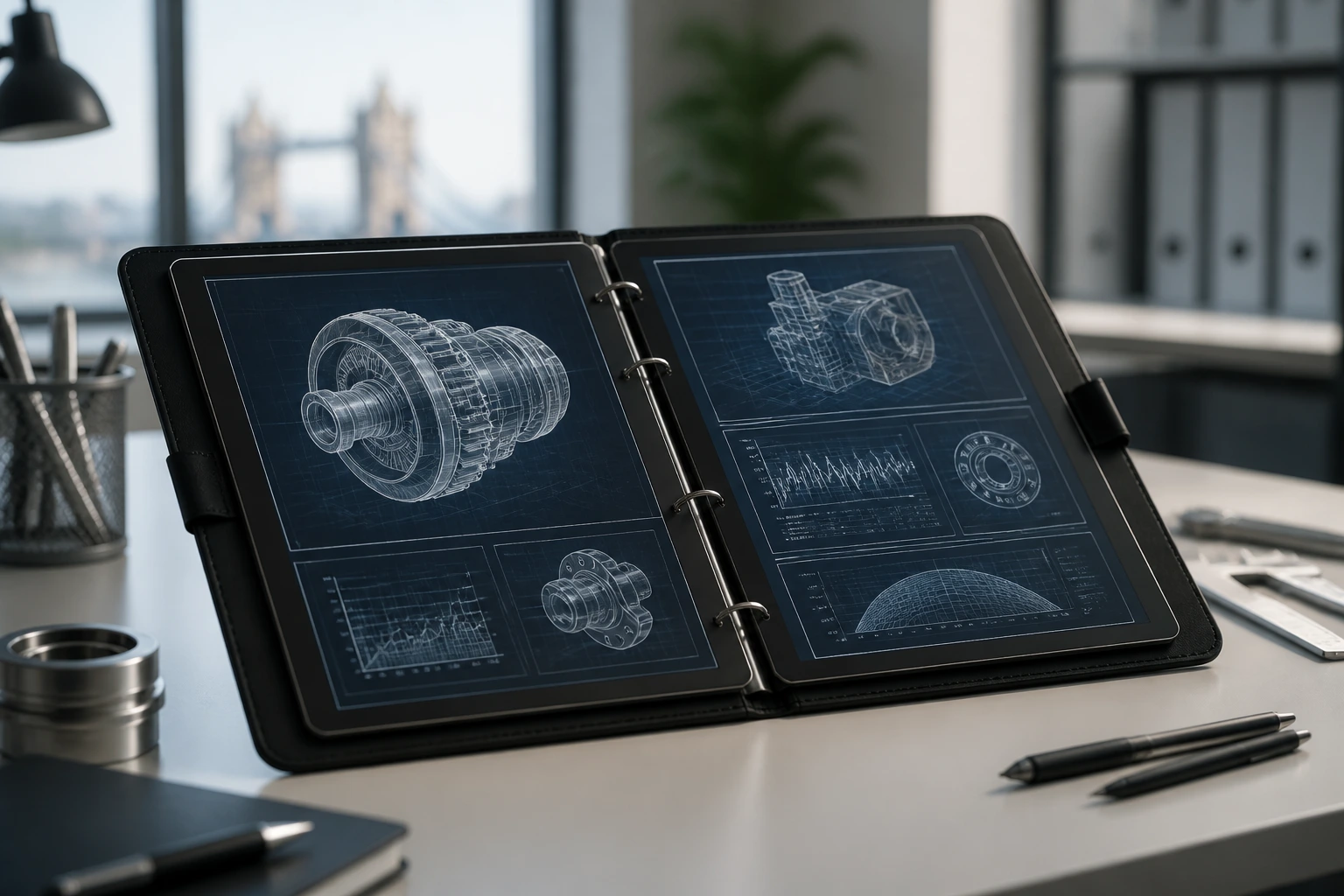 Tablet showing abstract CAD lines and graphs on a clean desk