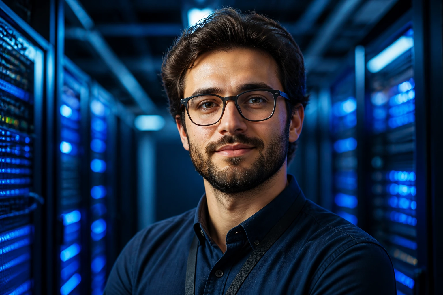 Portrait of AI professional in a data center highlighting production-grade tech stack.