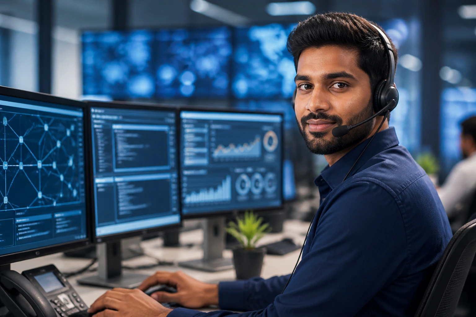 Portrait of a technical support professional at a multi-monitor workstation.