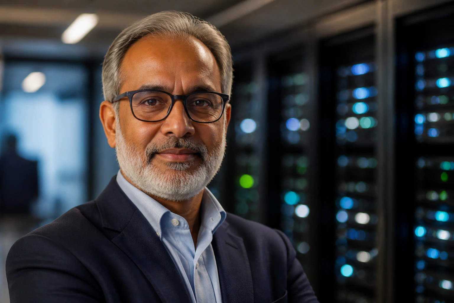 Close-up portrait of a veteran technologist in a formal office.