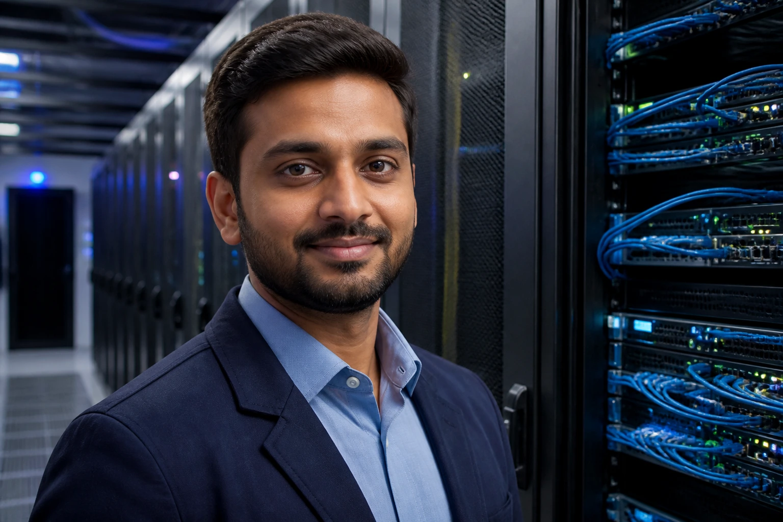 Medium close-up of a network engineer in a data center