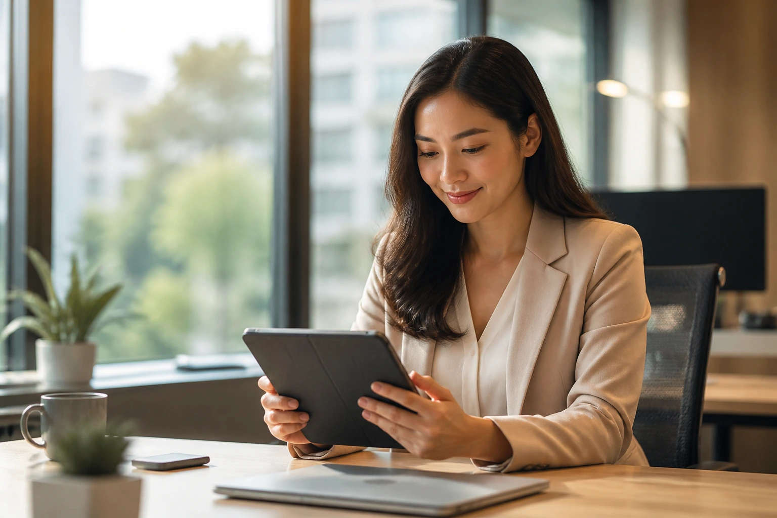 Telecom professional using a tablet in a bright modern office.