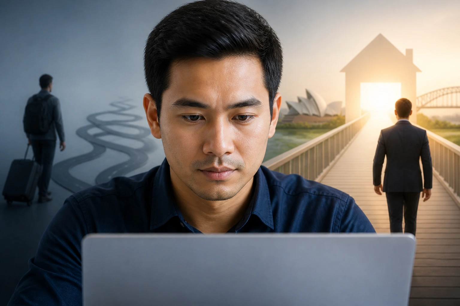 Worker contemplating the path from temporary to permanent residency in an office