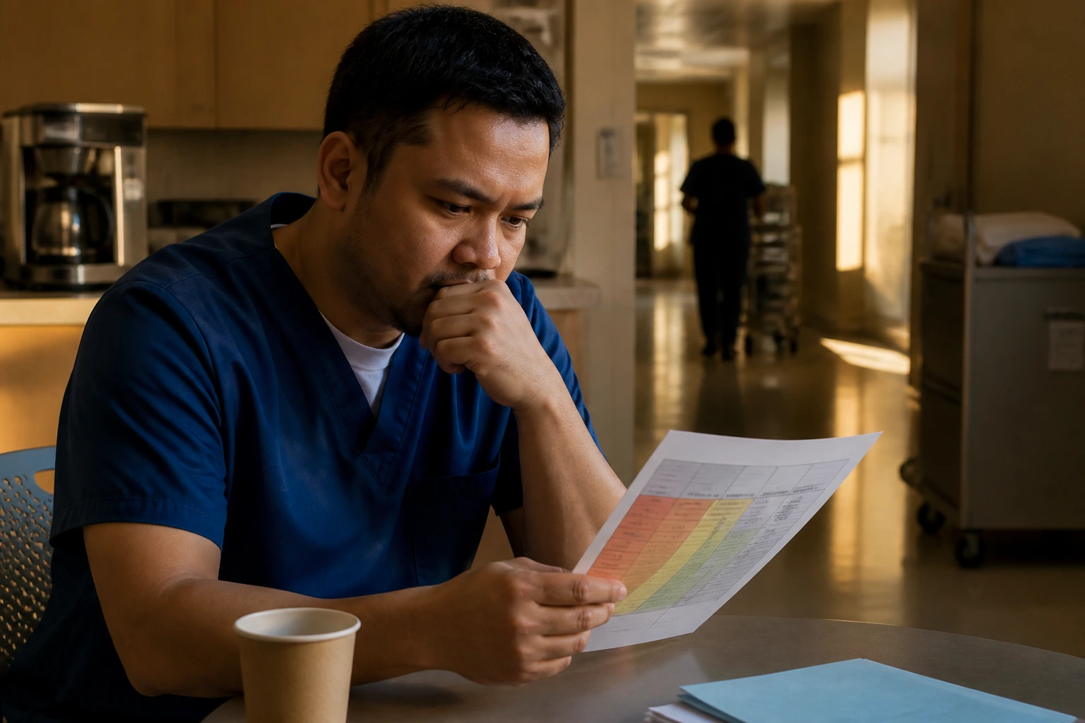 Close-up of a hospital worker in a break area considering visa path options.