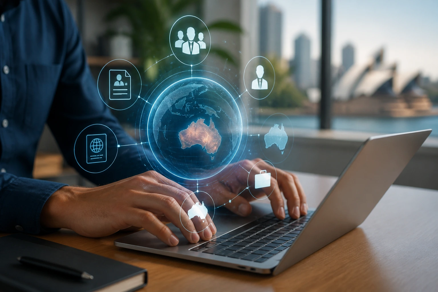 Hands on laptop with abstract visa icons and globe projection representing the Temporary Skill Shortage Visa