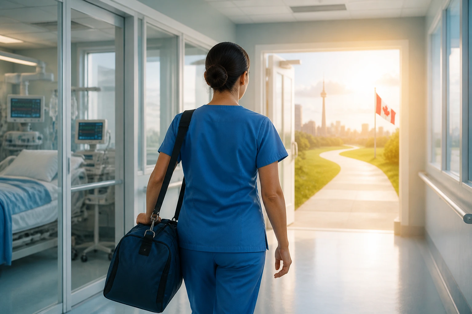 Nurse in a bright hospital corridor representing pathway to permanent residence.
