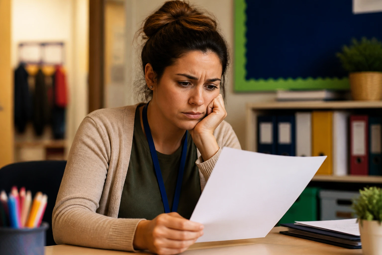 TA in school office looking at a blank sheet on the desk.