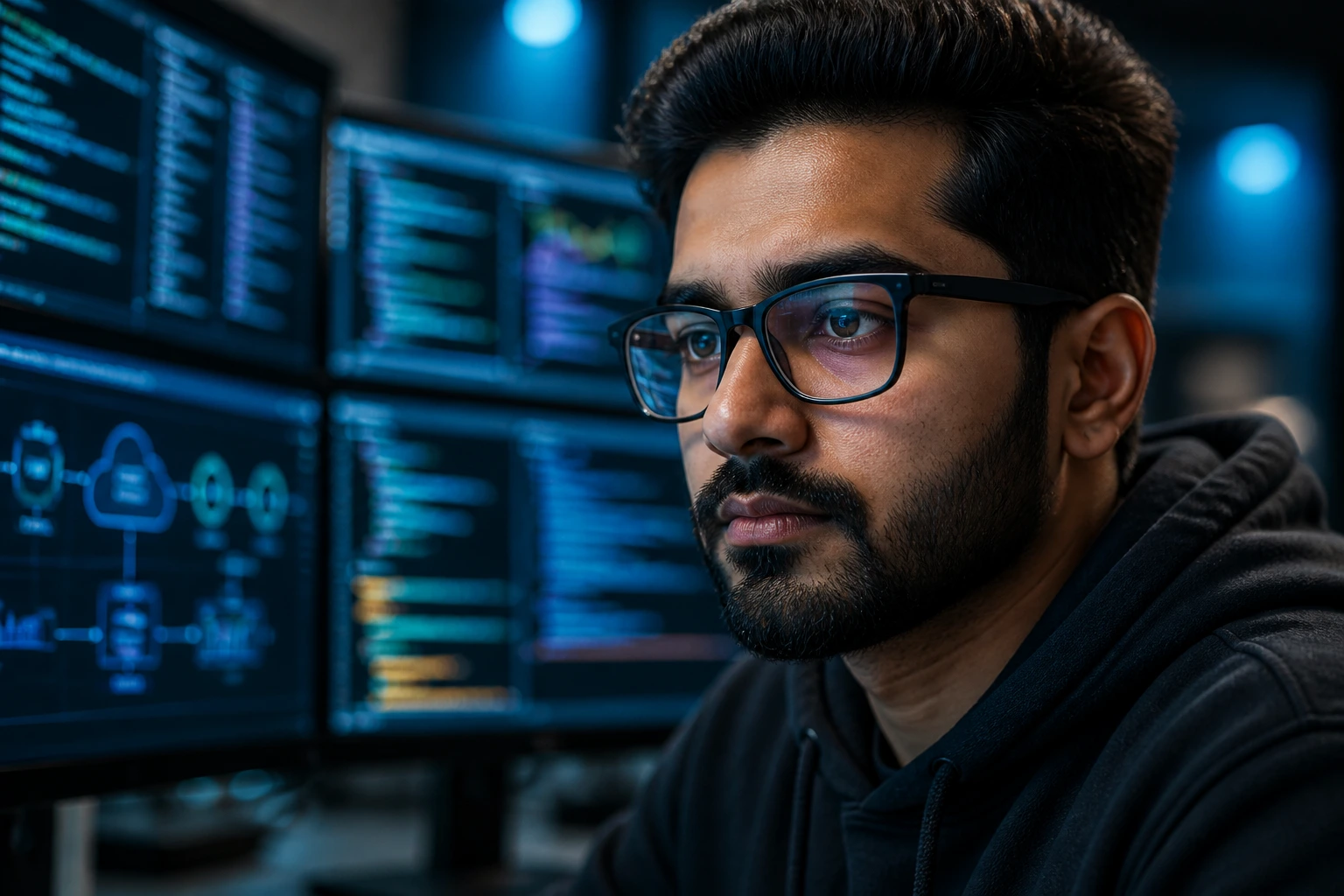 Close-up portrait of a DevOps engineer at a multi-monitor setup, illustrating required technical skills