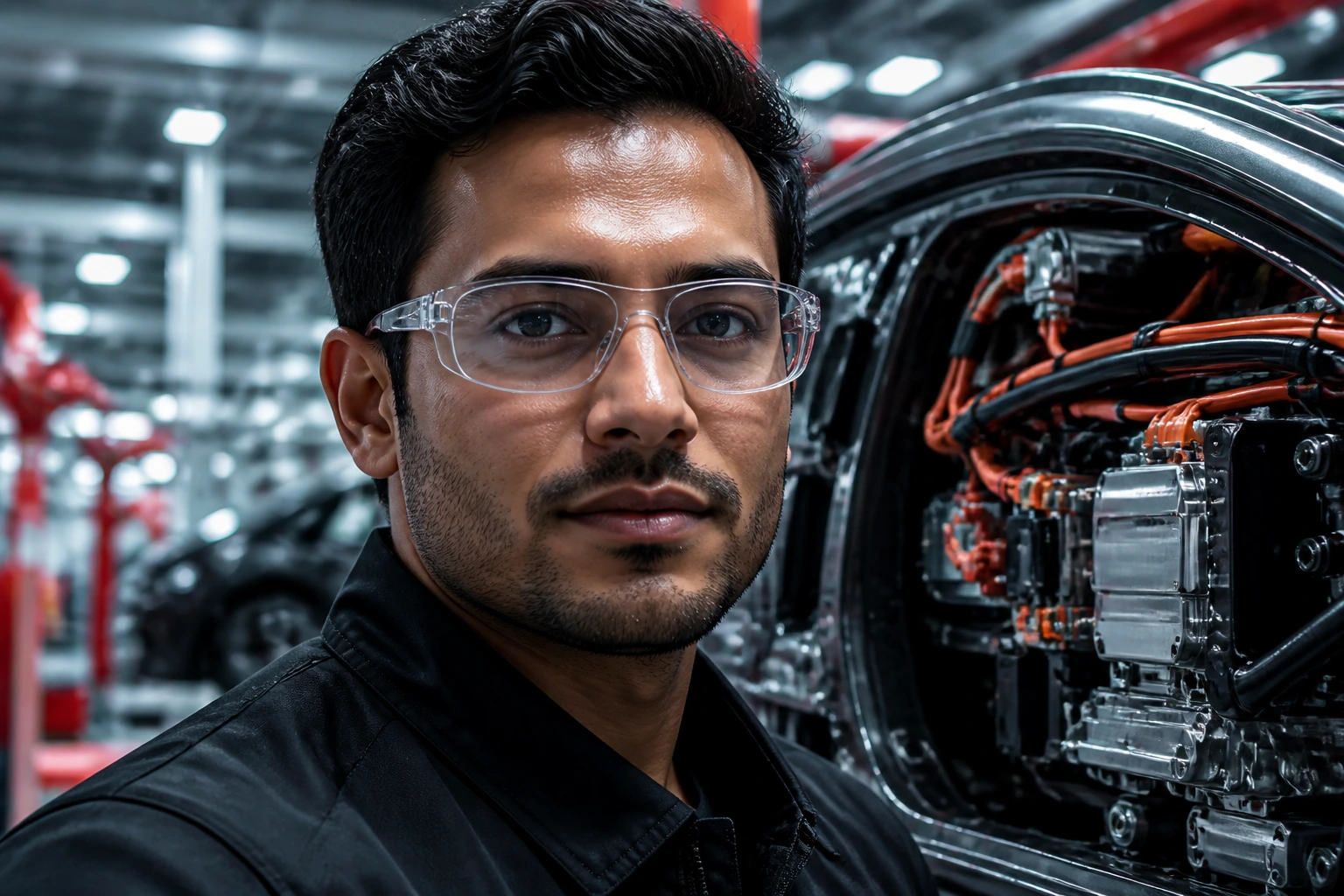 Close-up portrait of a Tesla engineer in a high-tech workshop