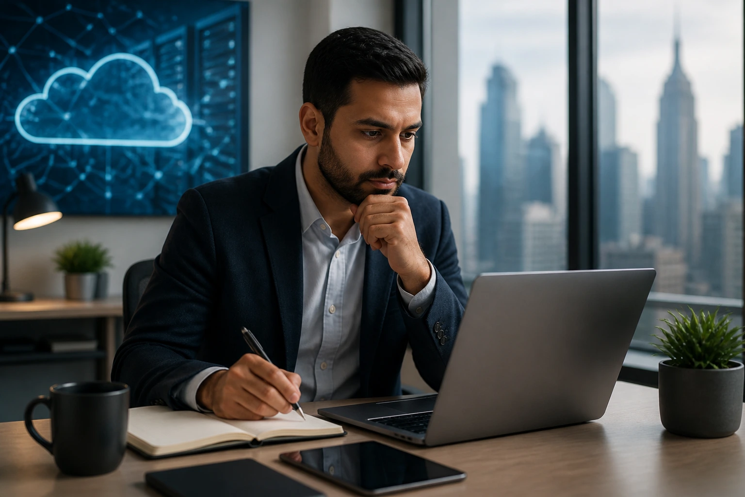 Portrait of a focused professional planning the first 30 days of a cloud career search