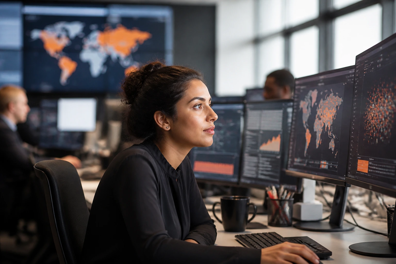 Close-up of a diverse newsroom professional at a data-driven desk with blurred monitors