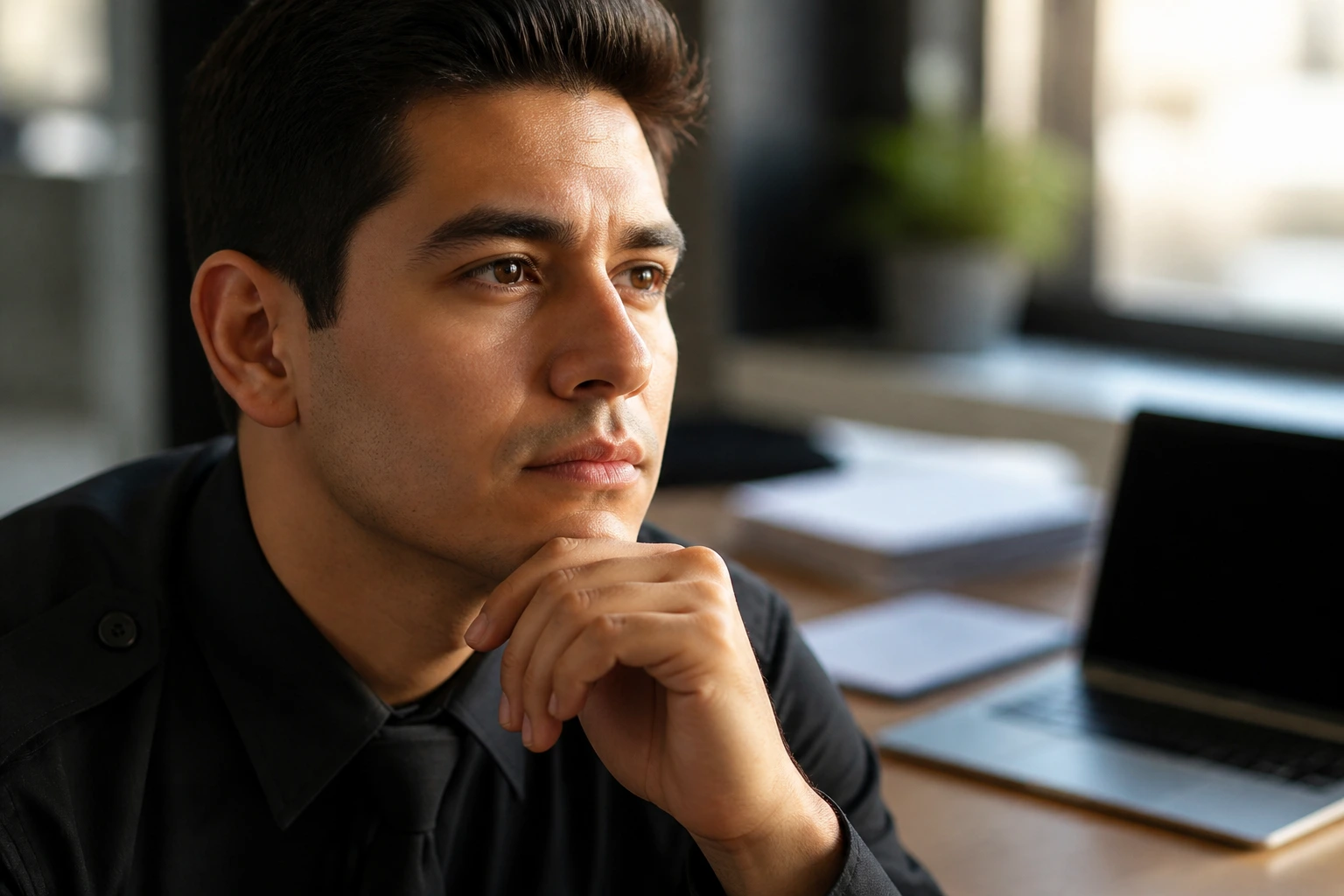 Close-up thoughtful portrait of an adult in an office reflecting on visa sponsorship for security jobs