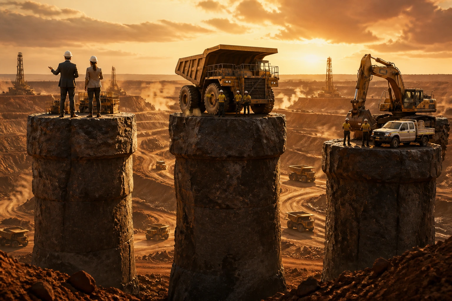 Three pillars symbolize mining industry tiers in a dust-filled open pit