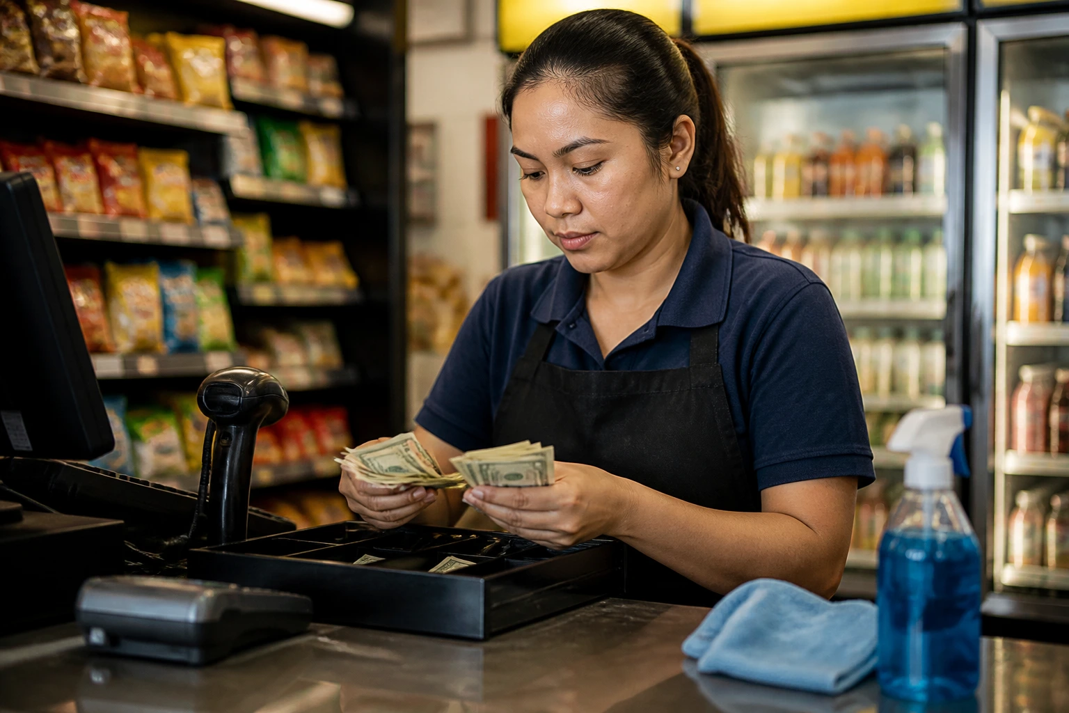 Store employee performing key habits like careful cash handling and cleaning
