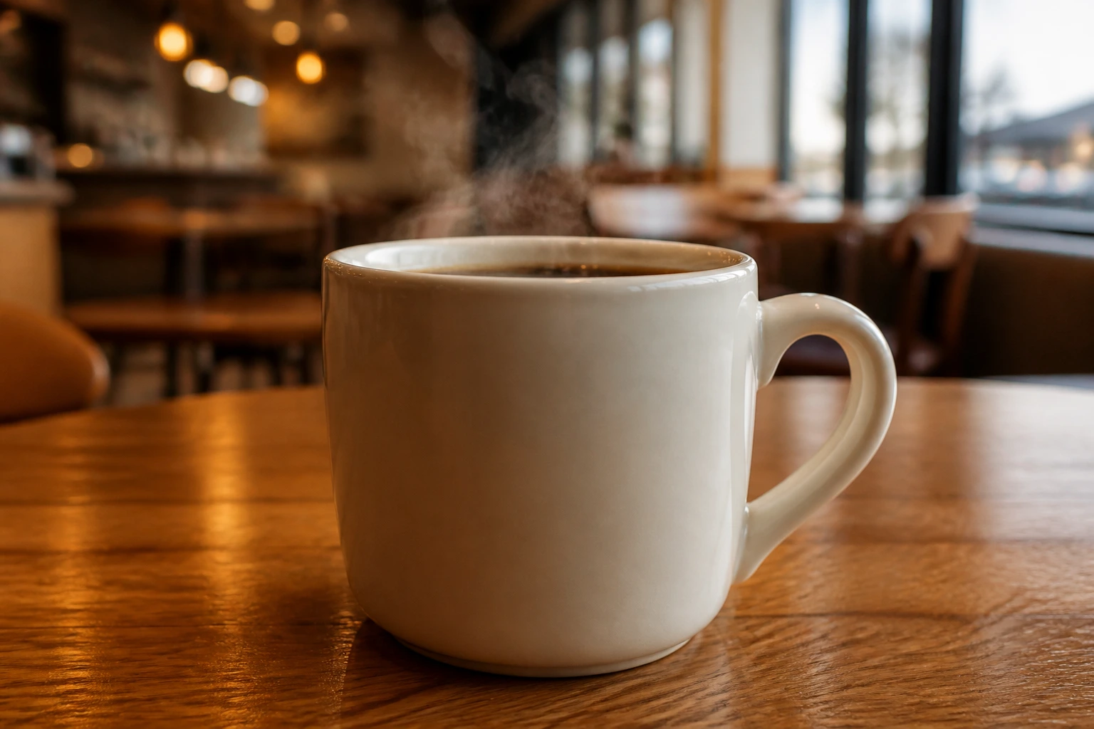 Close-up of a steaming unmarked coffee cup on a wooden table in a cafe.