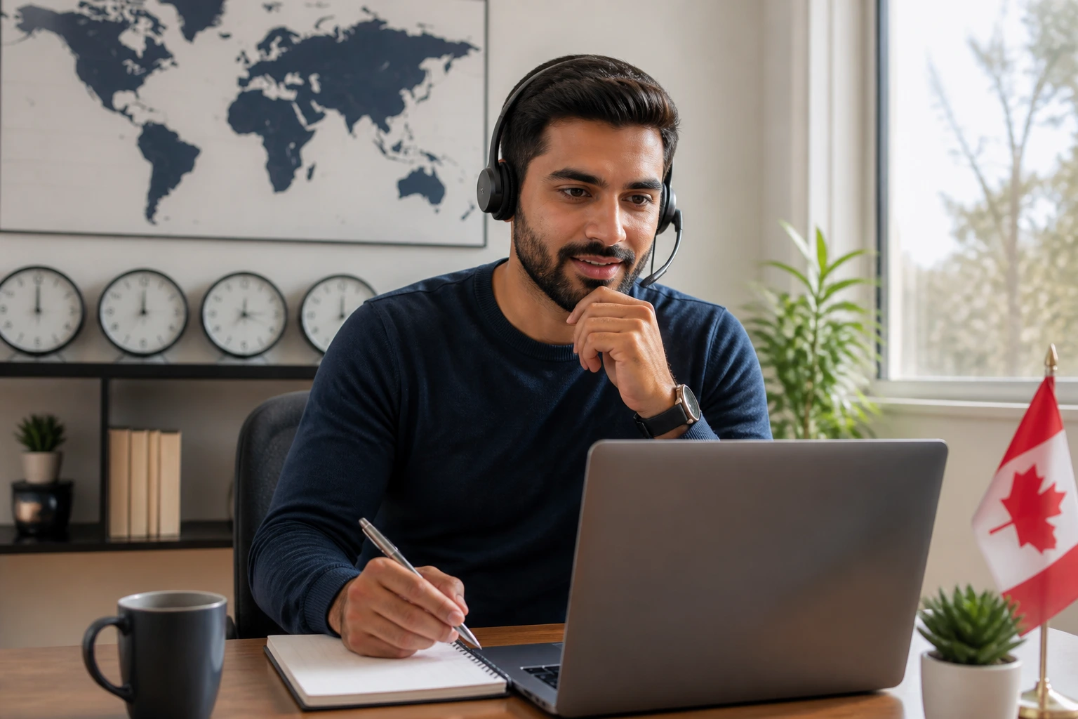 Close-up of a headset-wearing professional in a home office with a world map