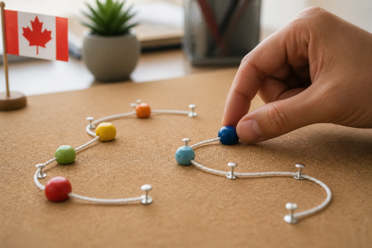 Close-up of a hand tracing an abstract timeline with beads on a corkboard