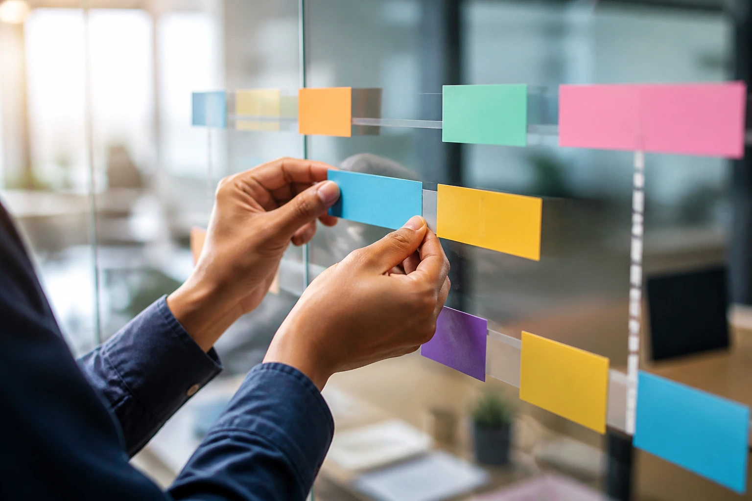 Close-up of hands arranging color blocks on a glass timeline board in an office.
