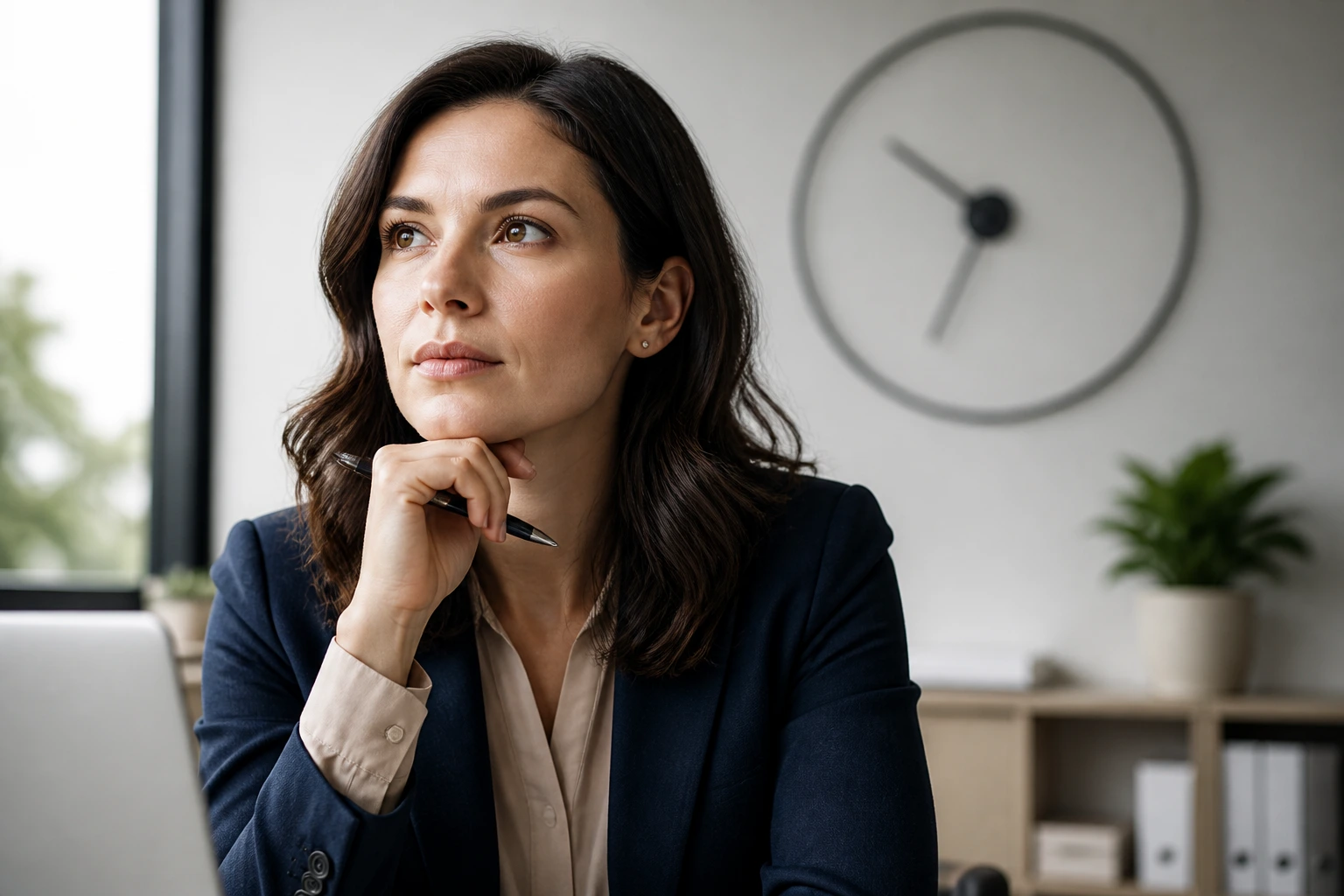Calm professional portrait with clock silhouette in background