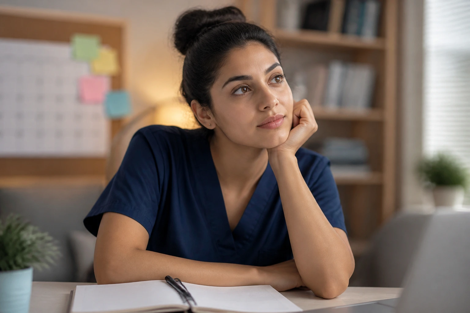 Close-up of a professional contemplating project timelines in a calm office