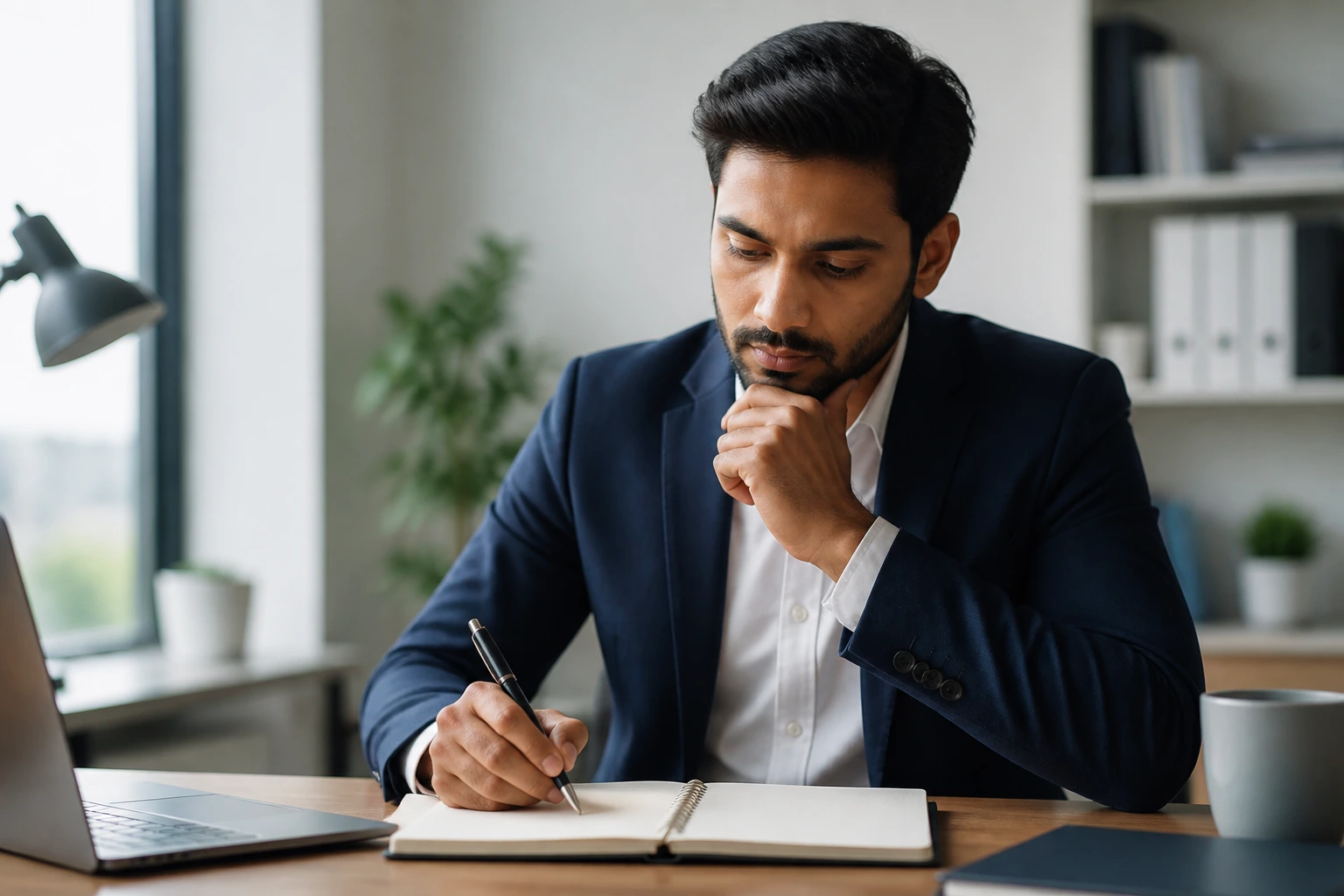 Professional planning path to settlement with thoughtful pose.