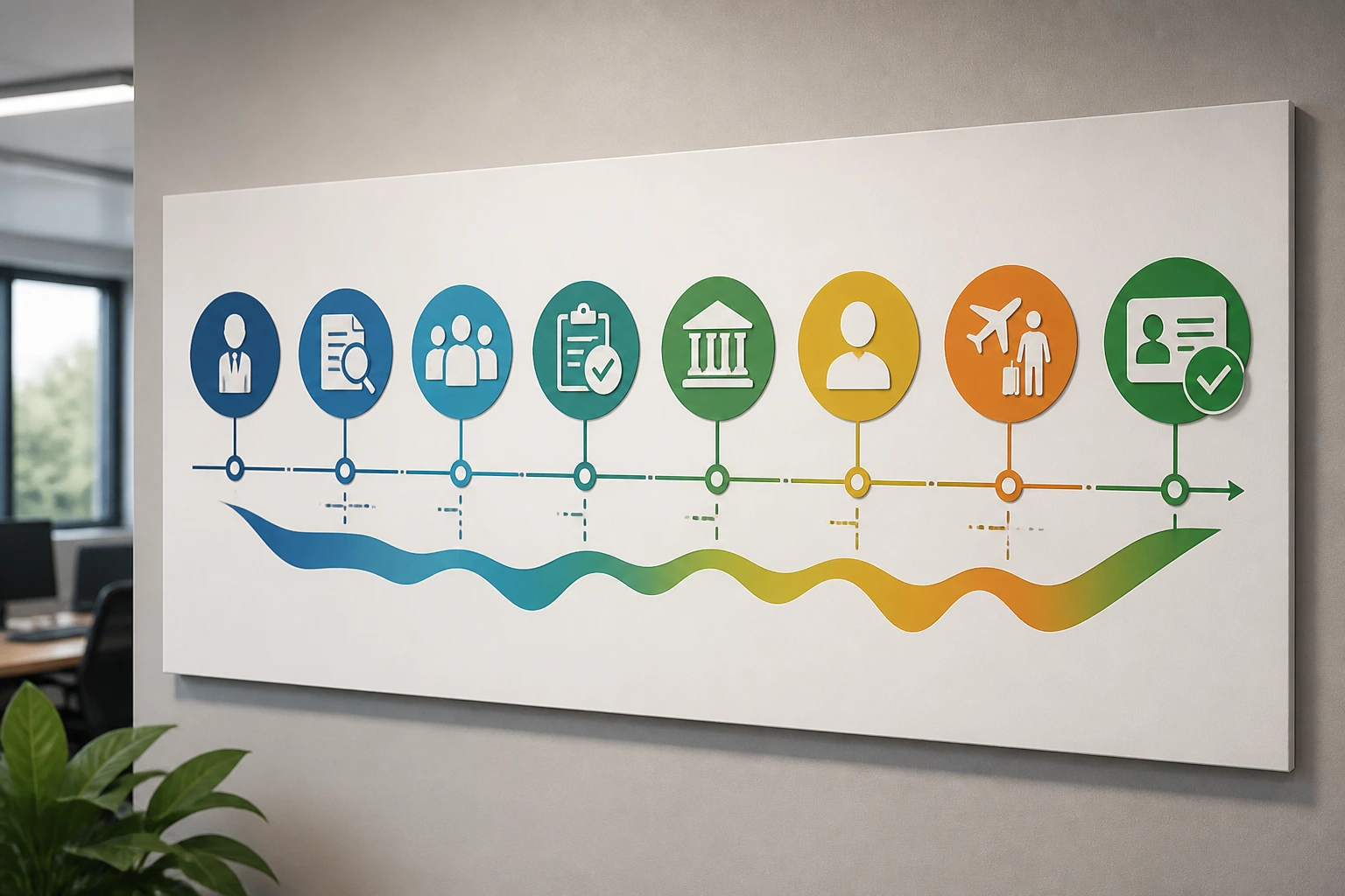 Storyboard with abstract icons representing stages from job offer to green card