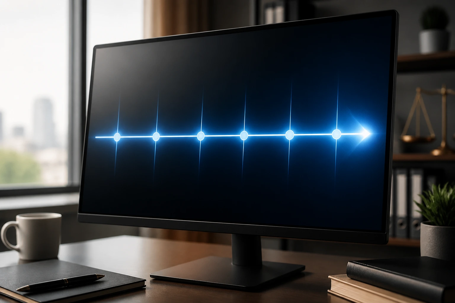 Glowing numberless timeline on a computer monitor in an office.