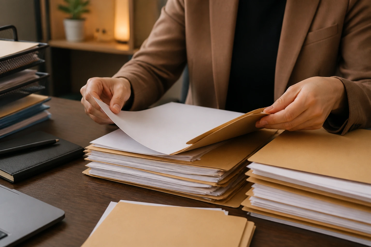Hands organizing immigration documents on a desk in a calm office