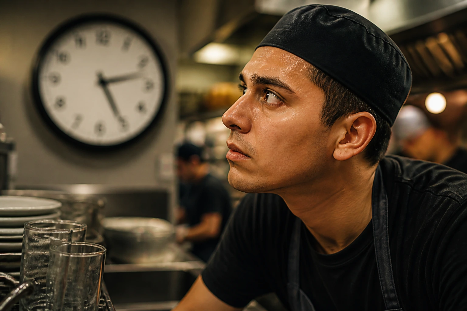 Close-up portrait of a restaurant worker watching a clock to symbolize timing in job applications