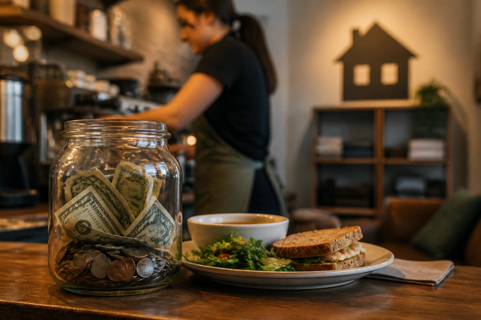 Tip jar on a cafe counter with a hint of housing and meals represented by subtle background imagery