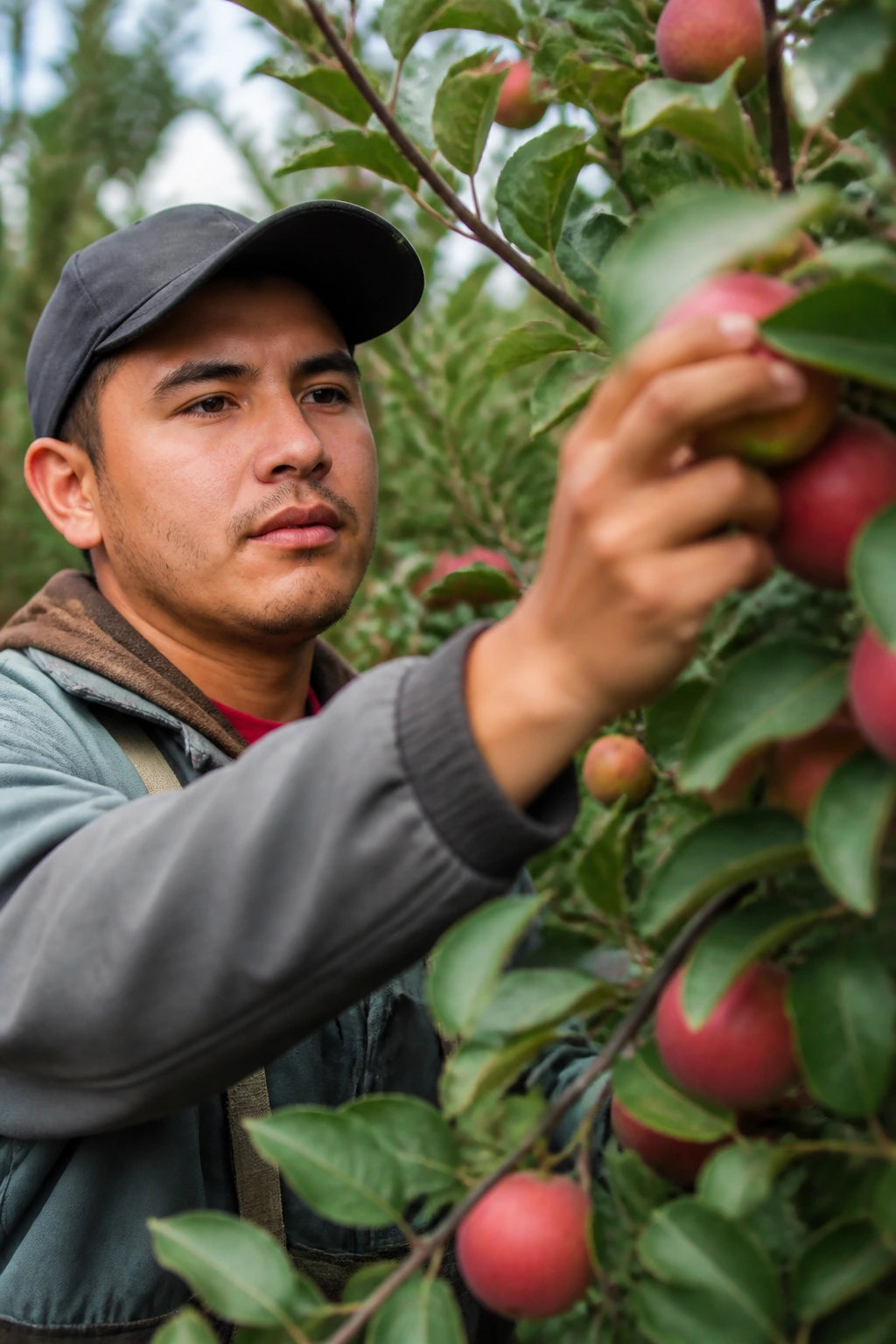 Fruit picker demonstrating harvest technique in a Canadian orchard