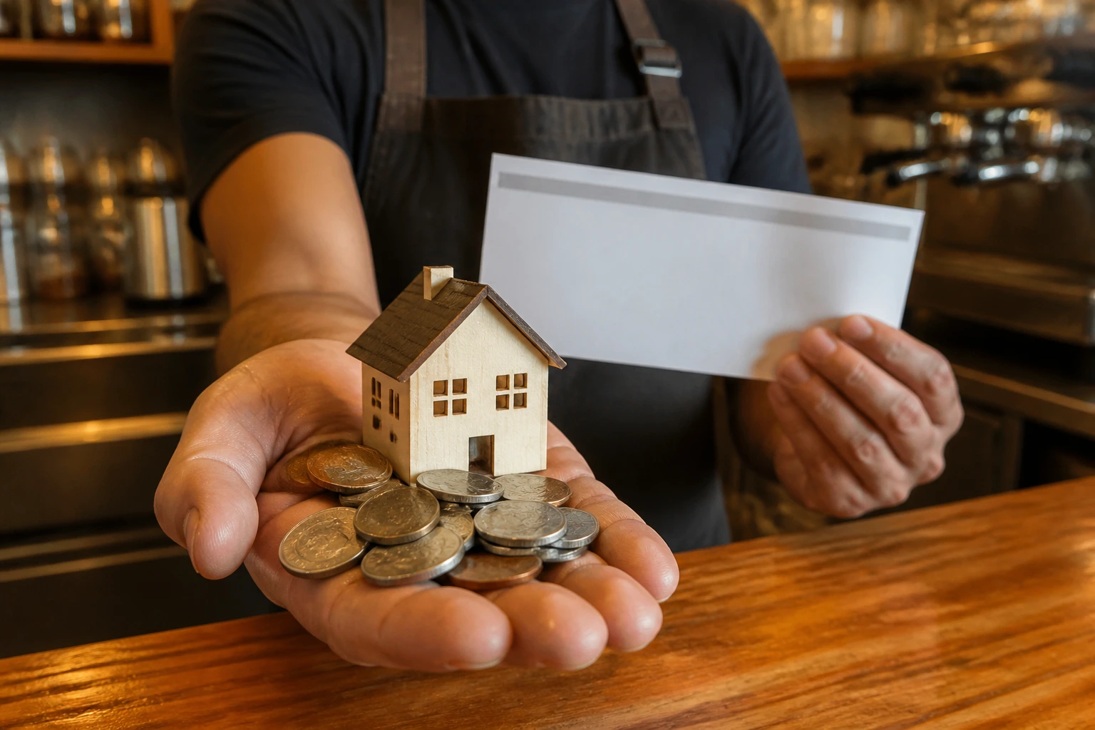 Close-up of coins, a house model, and a blank pay stub held by a hand in a cafe setting