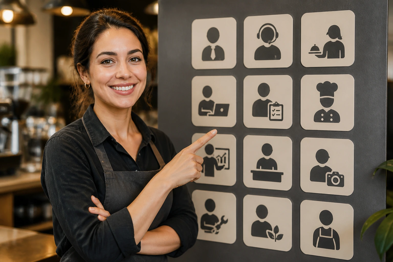 Close-up of a person beside a wall chart with abstract icons for multiple job titles beyond barista