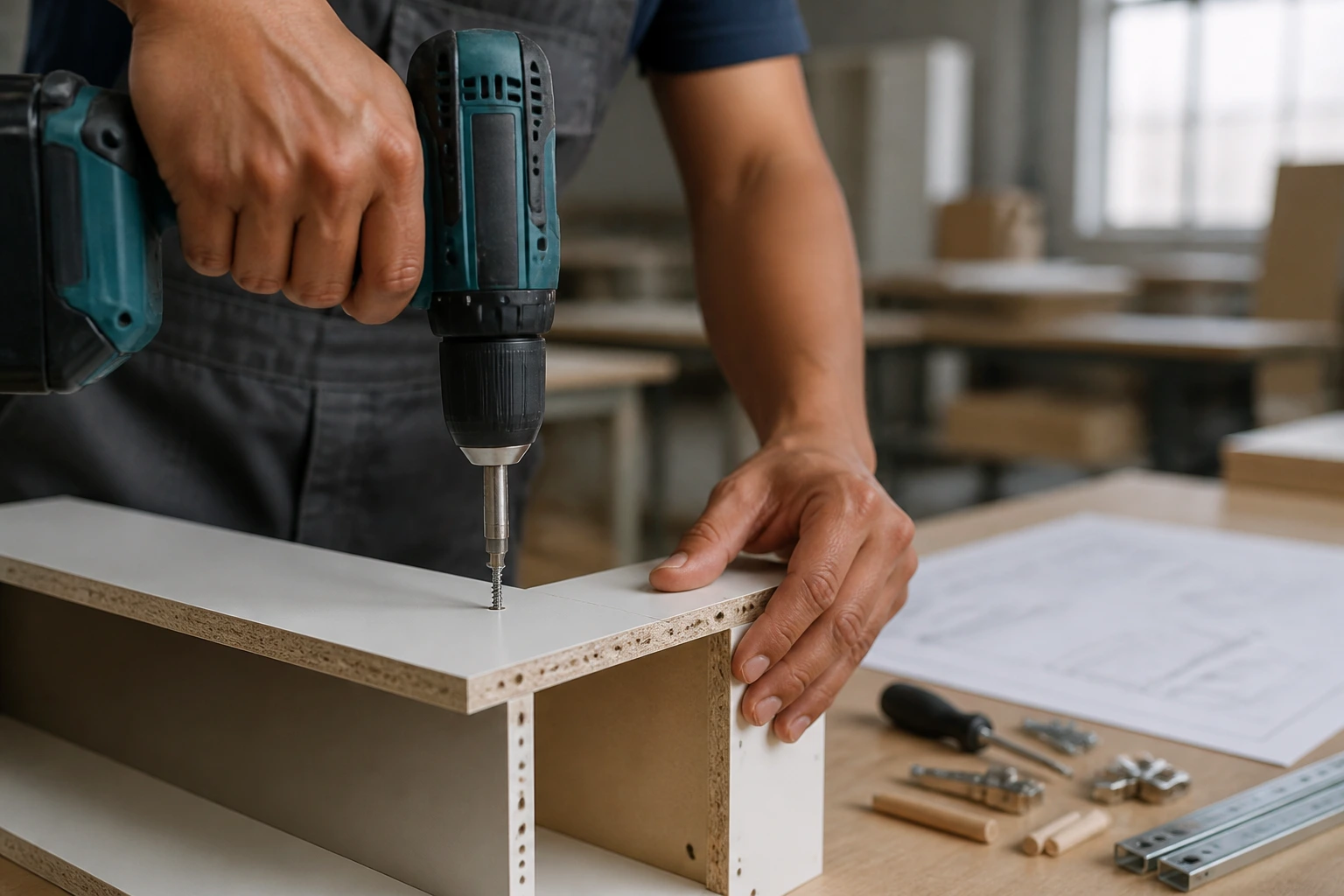 Close-up of a worker's hands using a cordless drill on a cabinet panel in a workshop