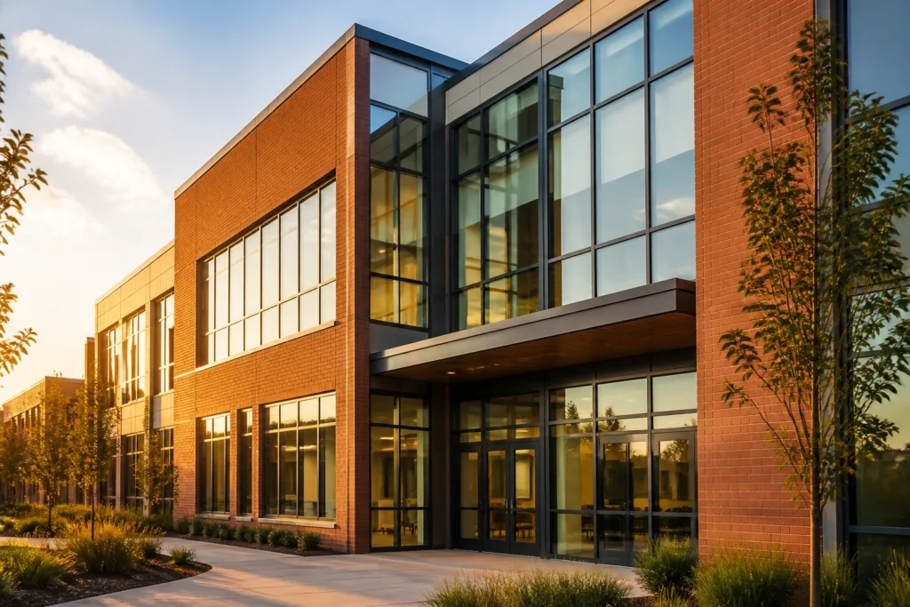 Close-up of a modern school building facade representing top recruitment prospects.