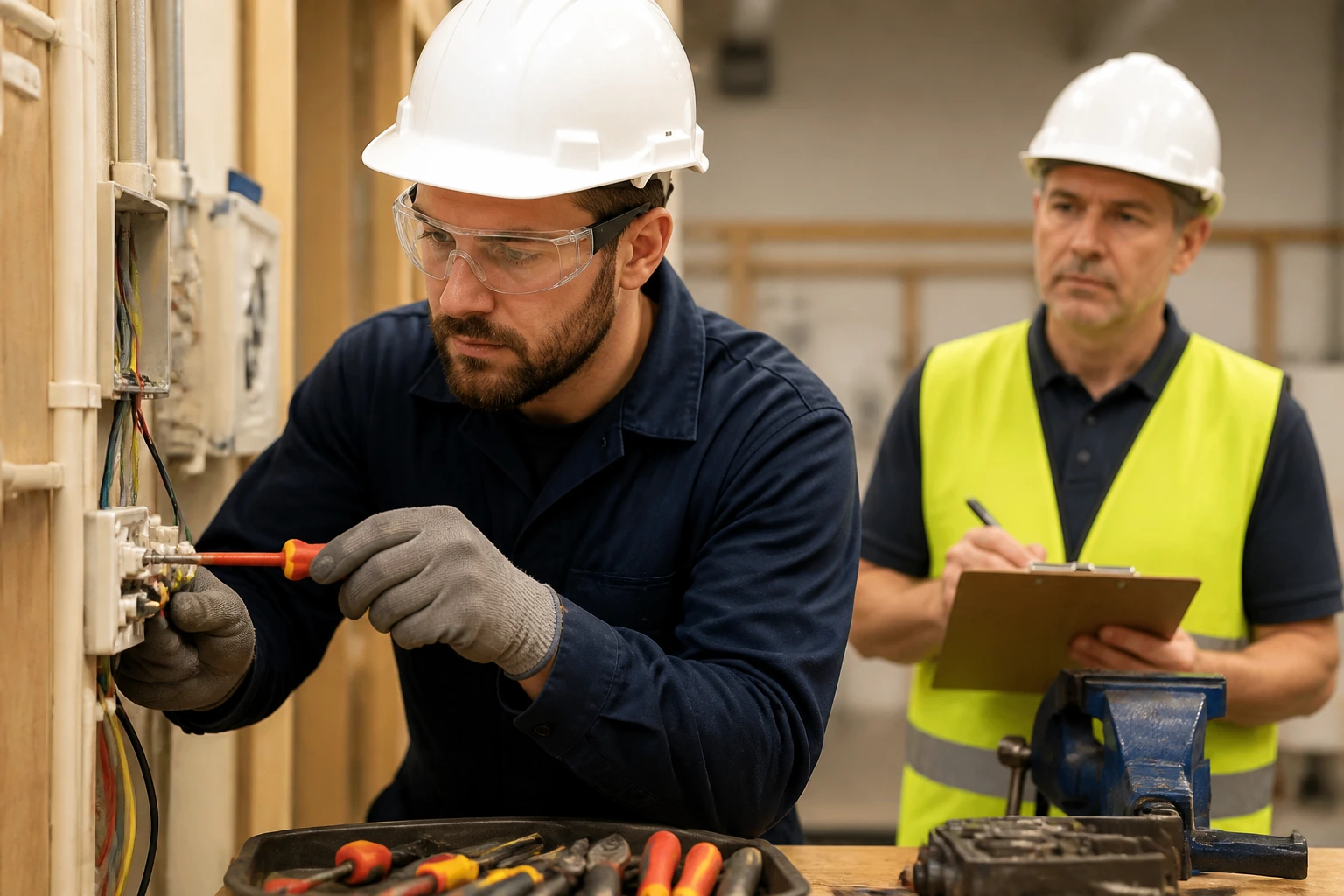 Tradesperson performing a practical assessment in a workshop