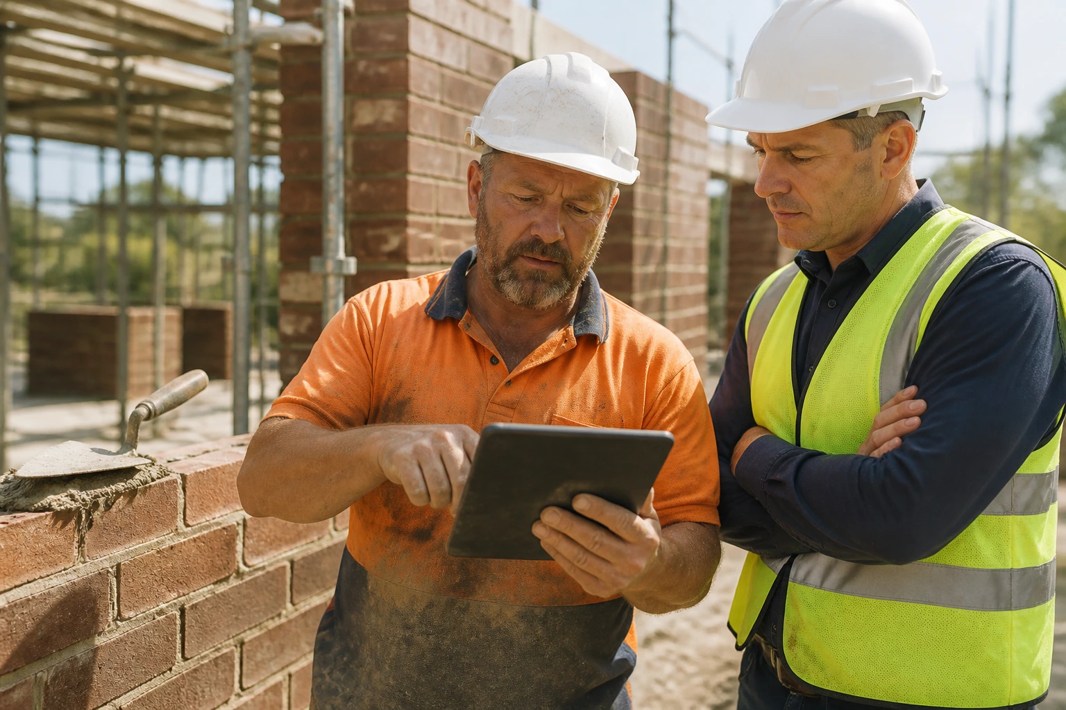 Bricklayer on site with tablet showing evidence for TRA assessment.