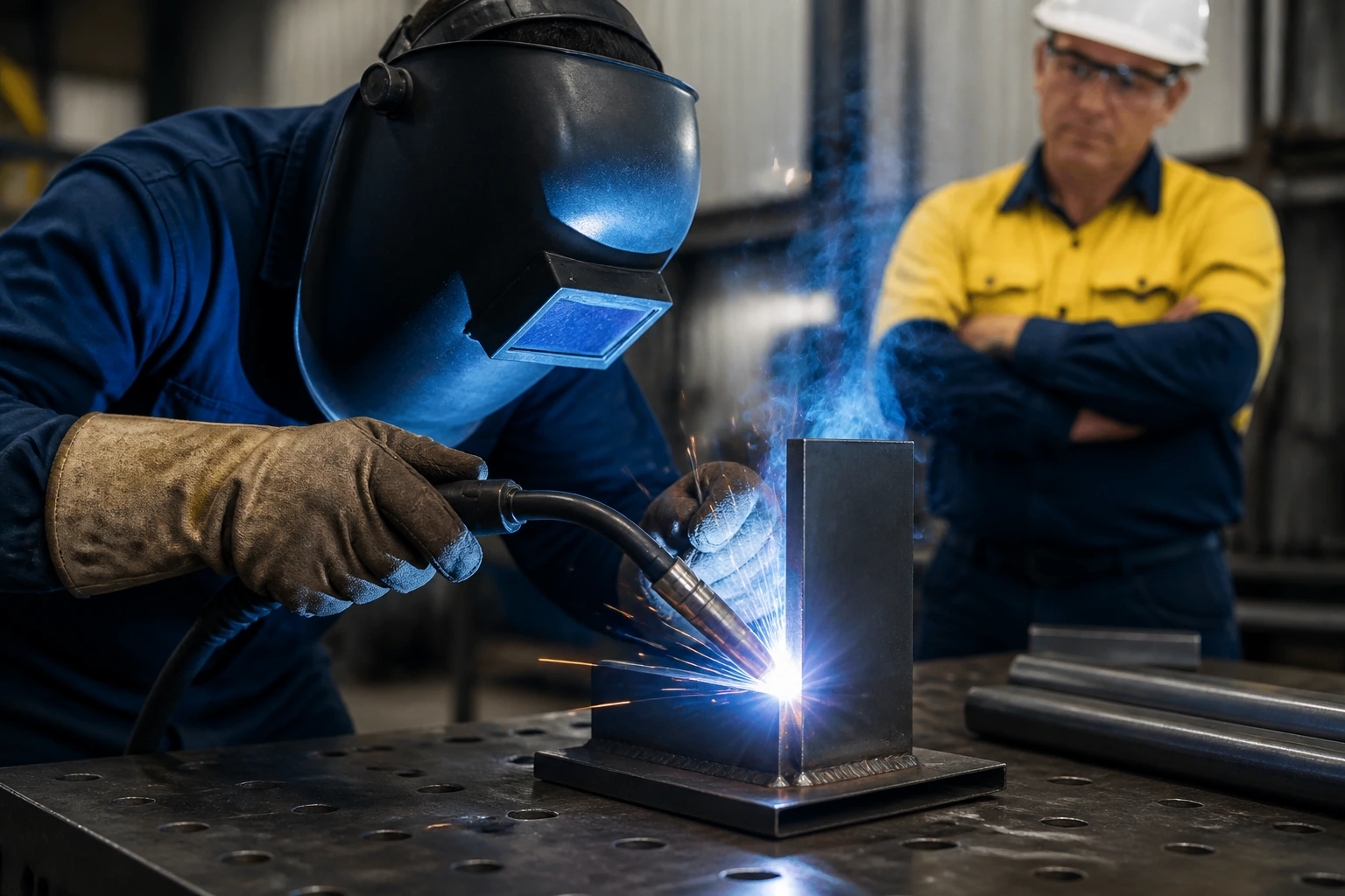 Close-up of a welder performing a welding test under supervision