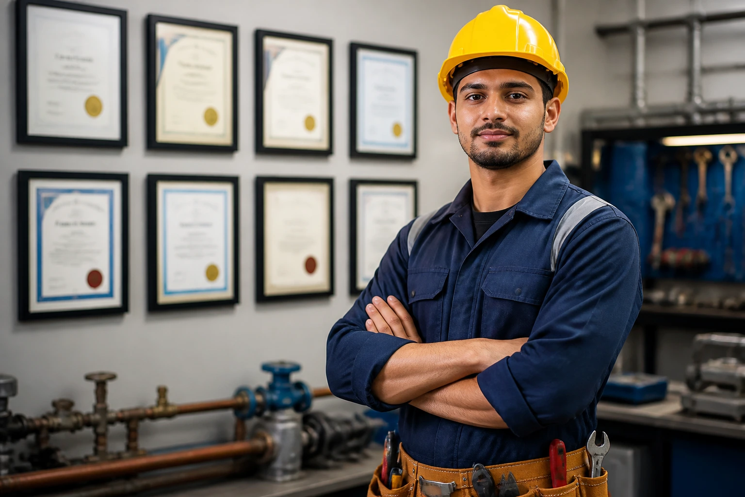 Technician in workshop with blurred certificates in the background