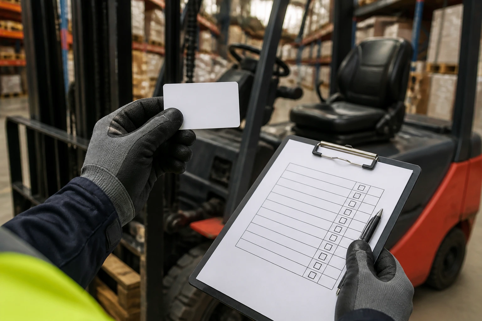 Close-up of gloved hands holding a blank training card in a warehouse.