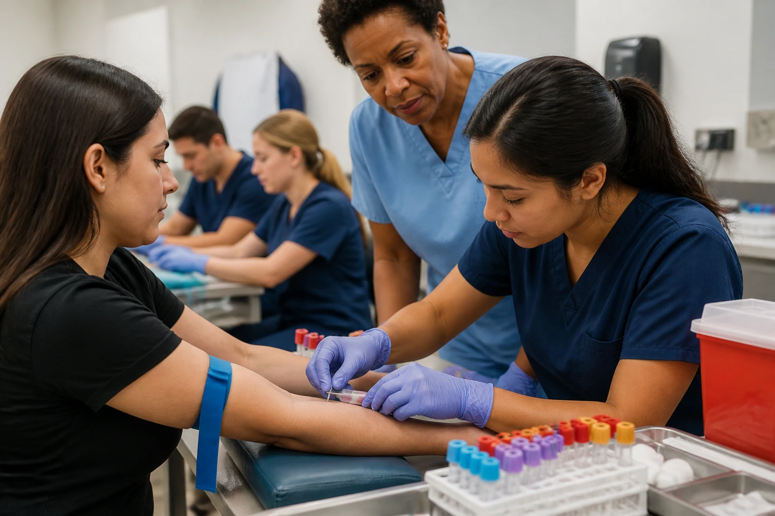 Phlebotomist training in a clinical lab performing venipuncture