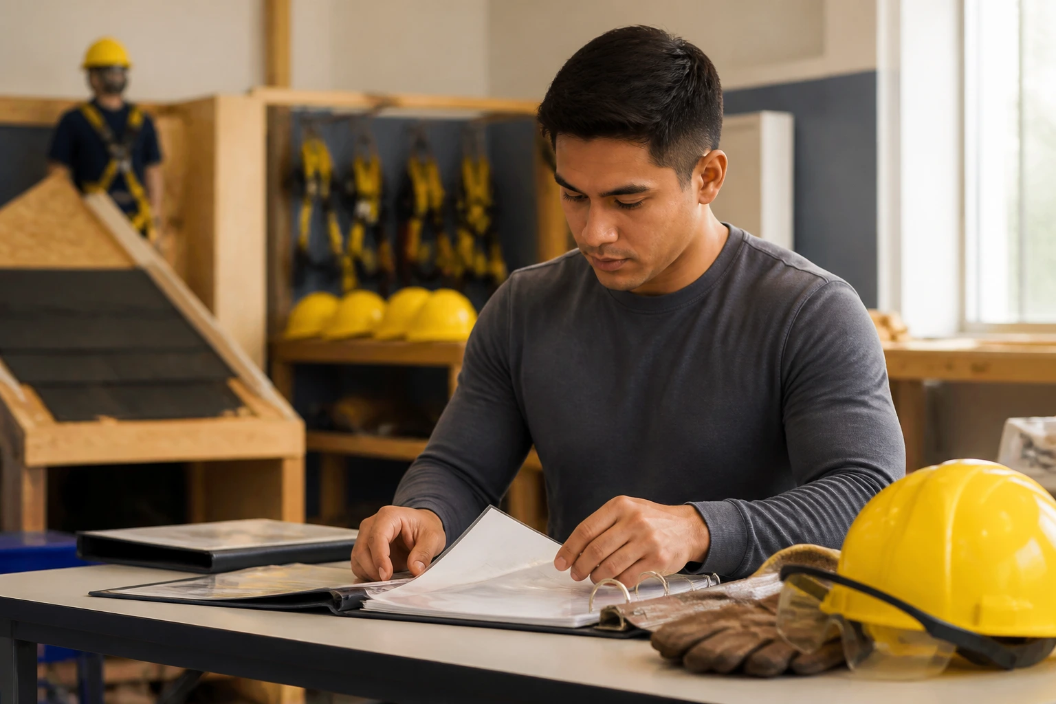 Person in a training setting performing a small preparatory task