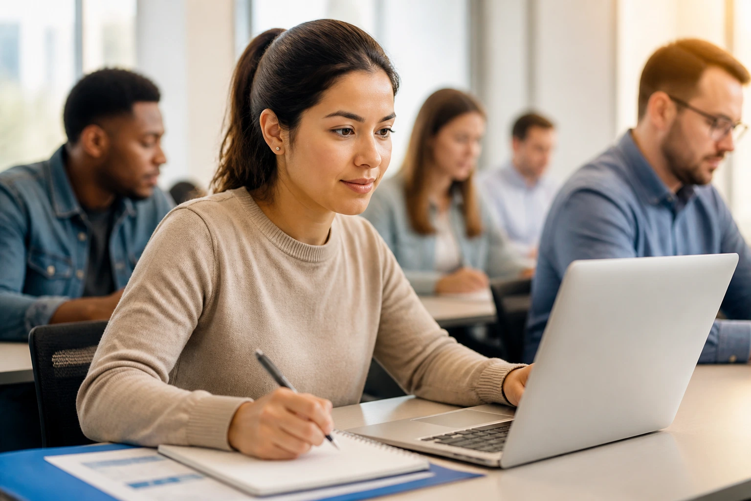 Trainee at a desk in a bright training room illustrating standard training in insurance